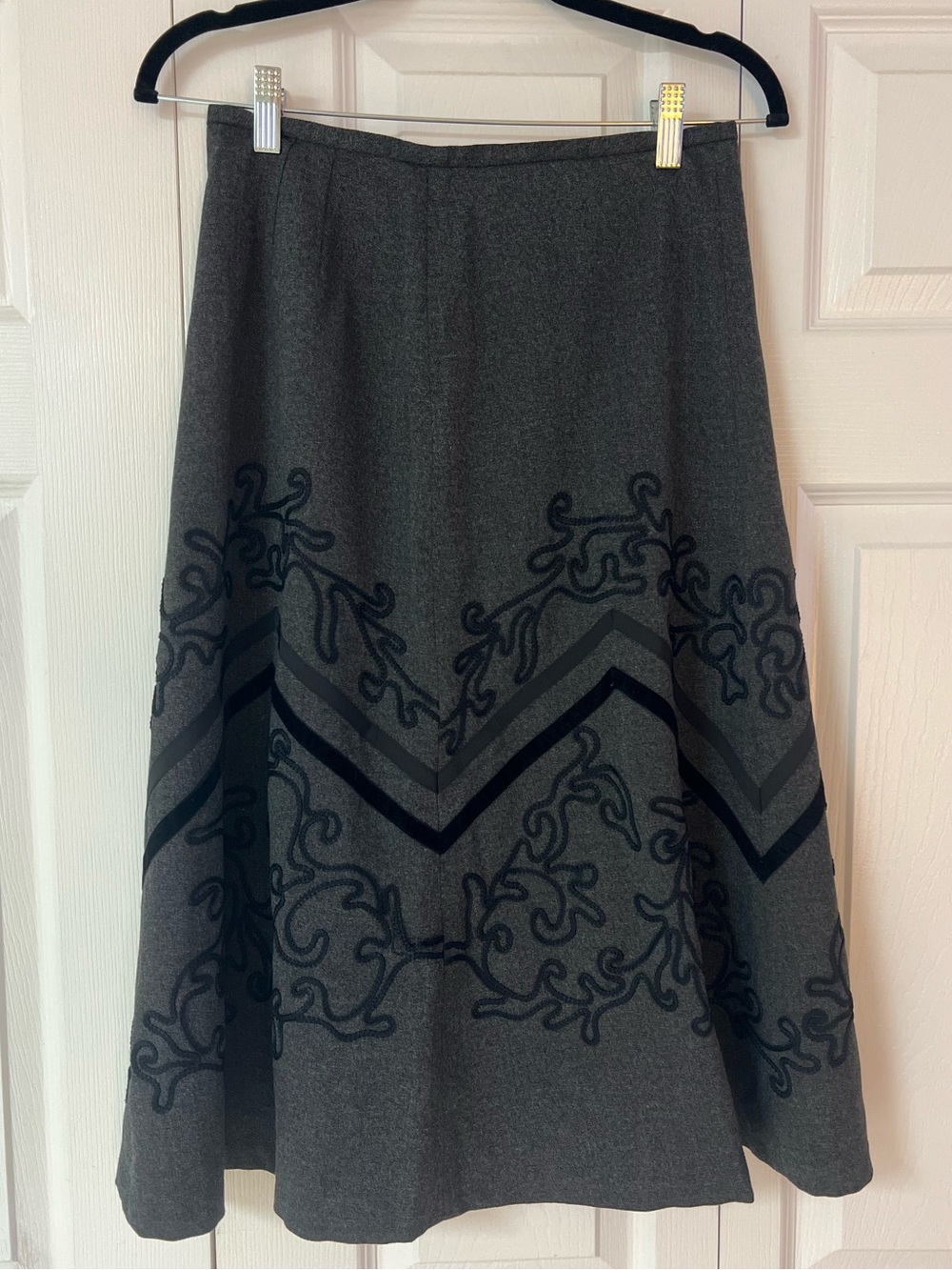 LOFT Gray A-Line Skirt with Black Embroidered Chevron Detail